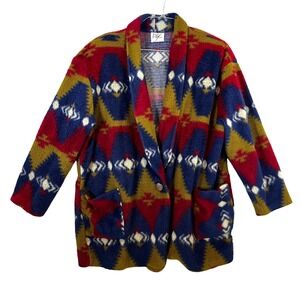 Forever Young Aztec Print Fuzzy Cardigan Open‎ Front Pockets Jacket Vintage